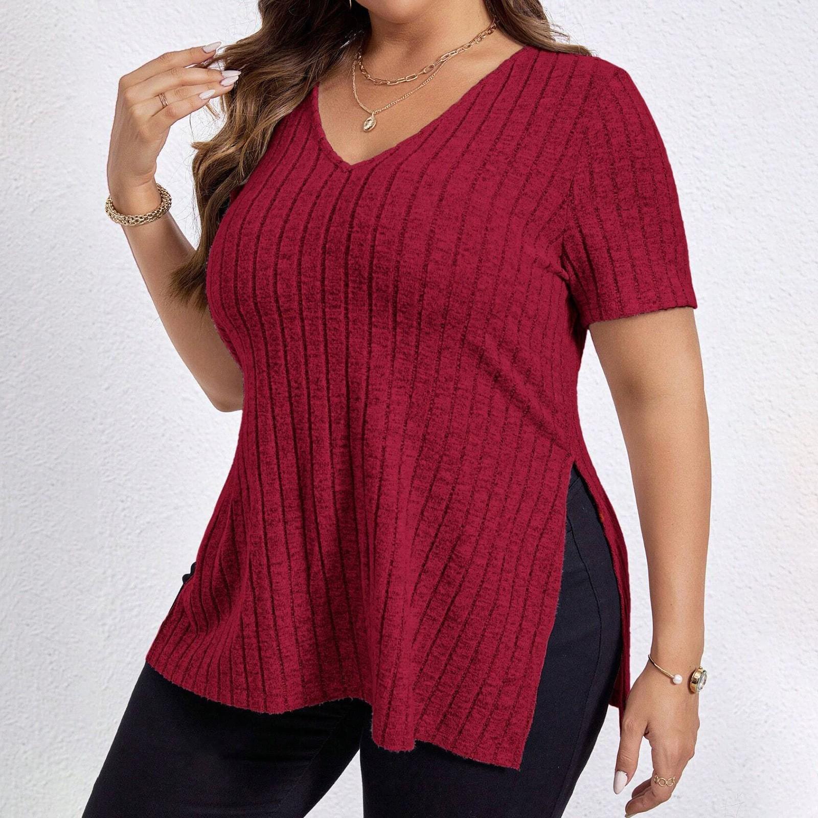 

Женская Мода Большой Однотонный V-образный вырез Короткий рукав Разрез на голове Футболка Топ XXXXL винный