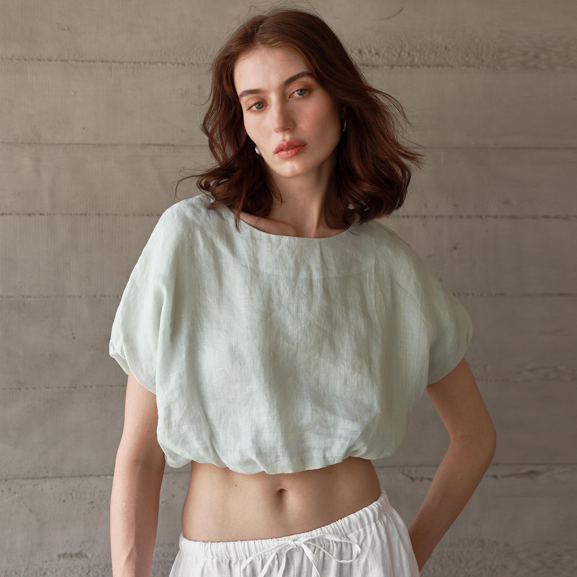 

Women s Summer Ramie T-shirt with Bubble Sleeves – Lightweight, Breathable, Sexy Crop Top Medium