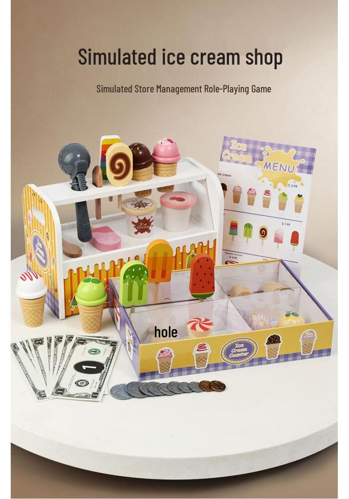 Wooden Ice Cream Cart Playhouse Toy for Early Learning
