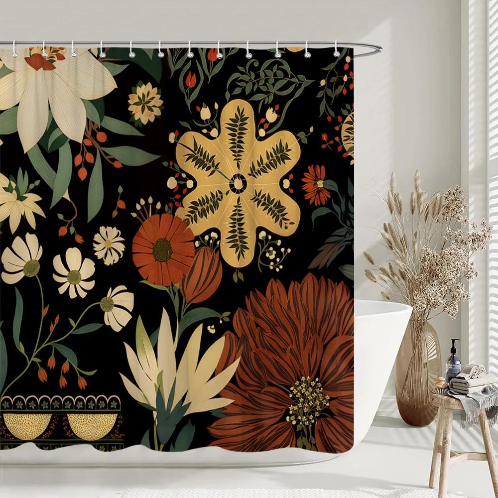 Black Gold Boho Botanical Floral Shower Curtain Vintage Floral Rose Aesthetic Unique Chic Polyester Bath Curtains Bathroom Decor