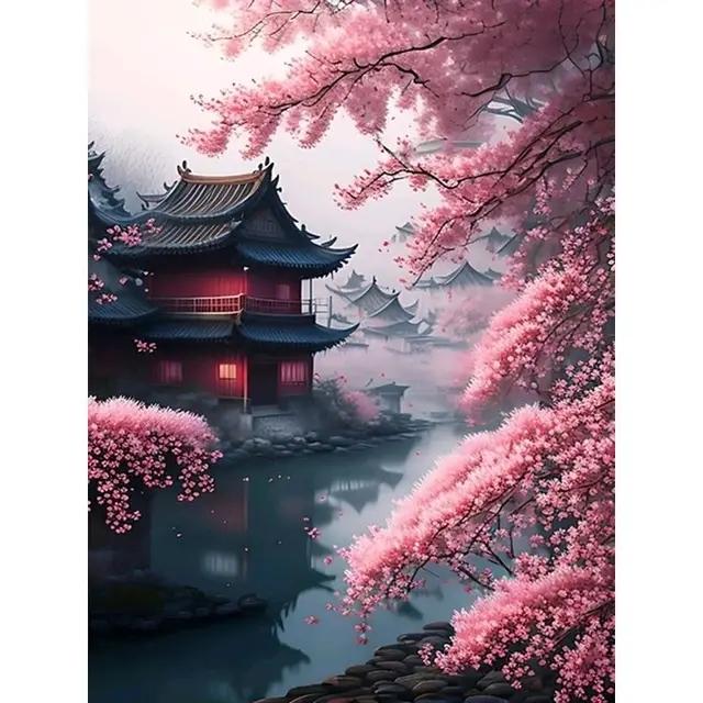 5D Diy Diamond Embroidery Sakura Bridge and Palace Diamond Painting Needleworks Cross Stitch Needleworks Home Decor J3479