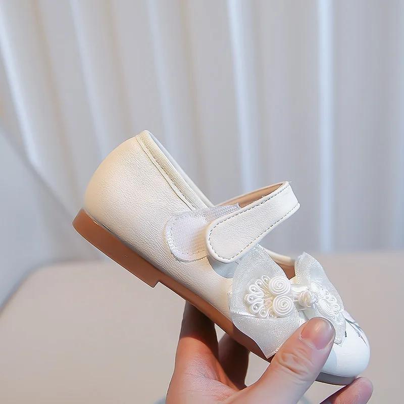 Girls Flats Shoes with Mesh Knot Children Embroidered Leather Shoes for Party Wedding Kids Elegant Temperament Princess Shoes