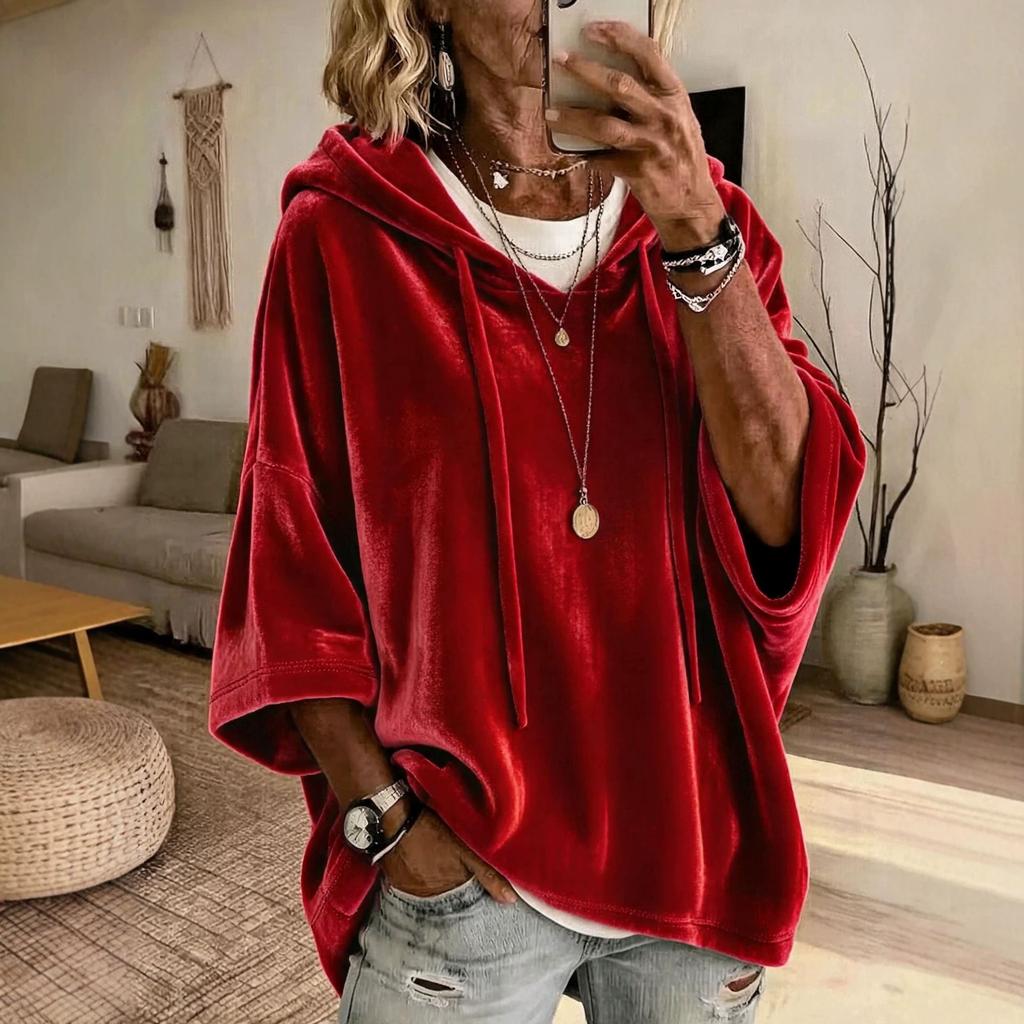 2026 European and American Women's New Hooded Drawstring Sweatshirt, Gold Velvet Layered with a Loose Bat Shirt
