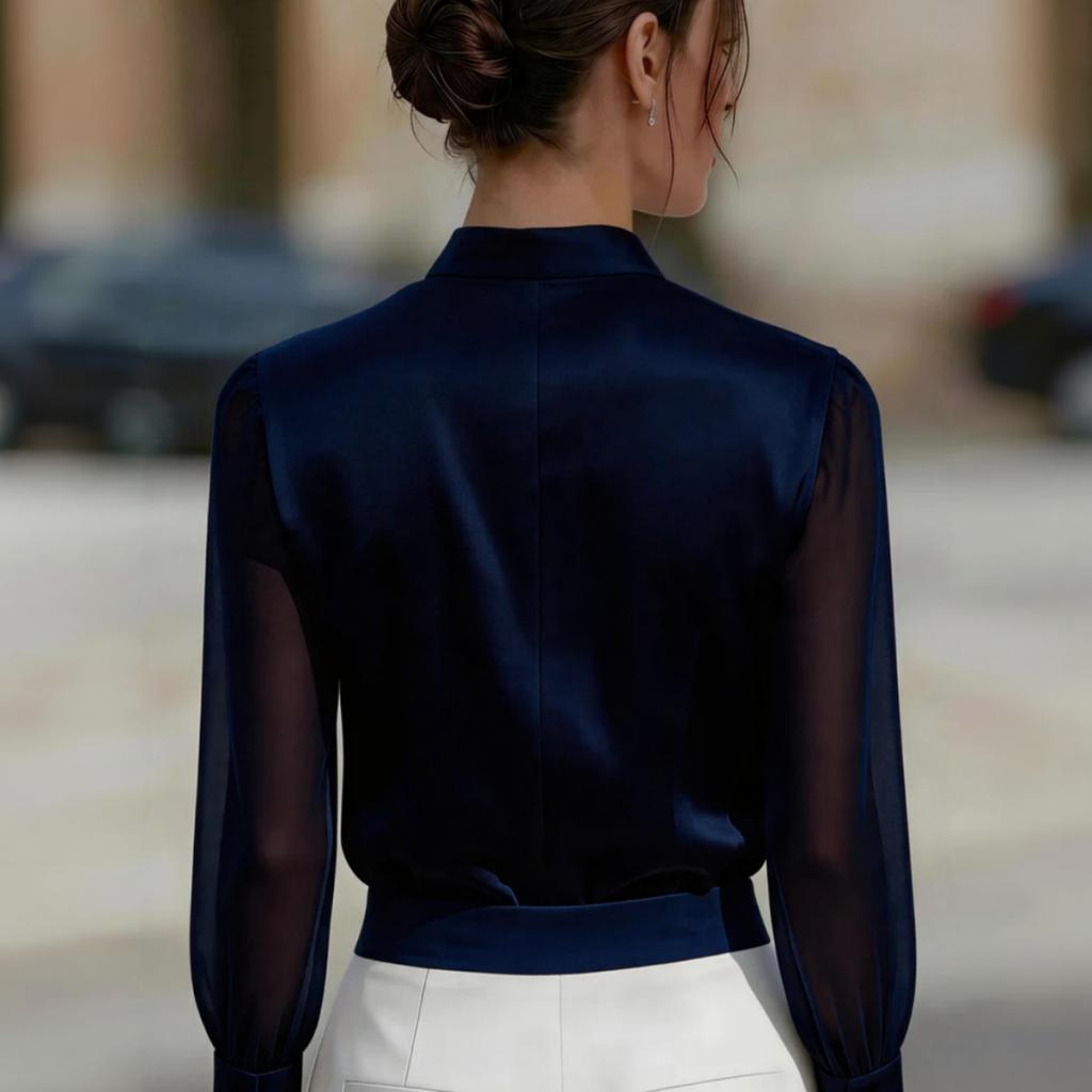 Damen-Farbsatinbluse mit Mesh-Einsatz und Stehkragen für Arbeit und Freizeit