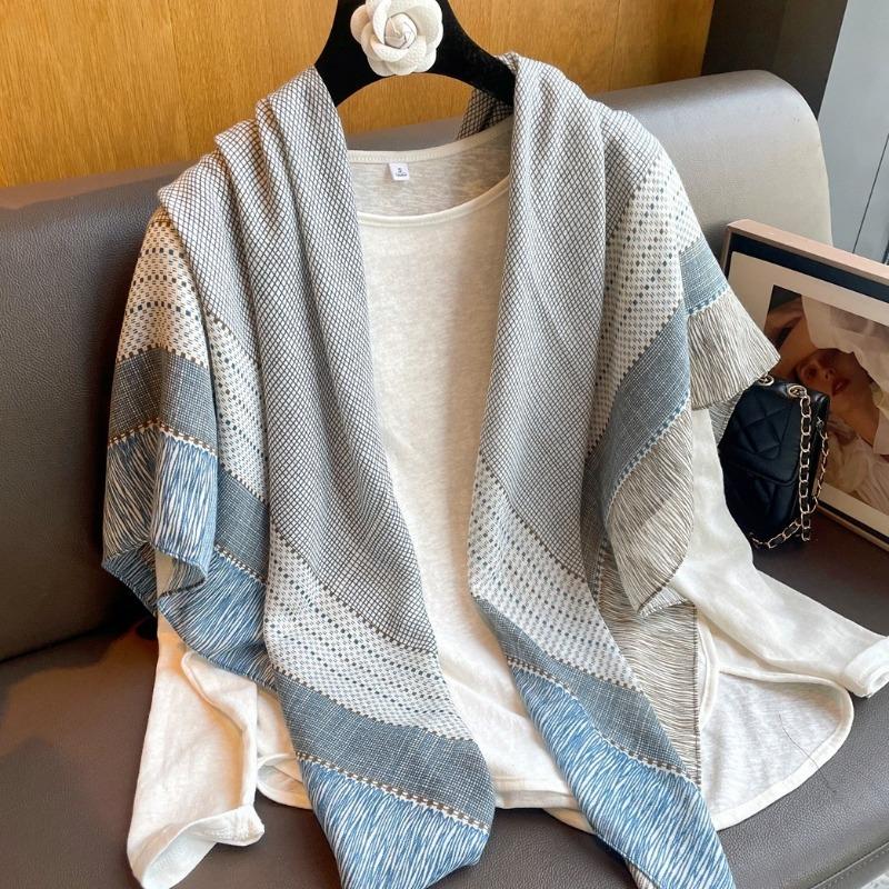 Small plaid linen scarf women's summer new sunscreen large square scarf thin silk scarf with shawl
