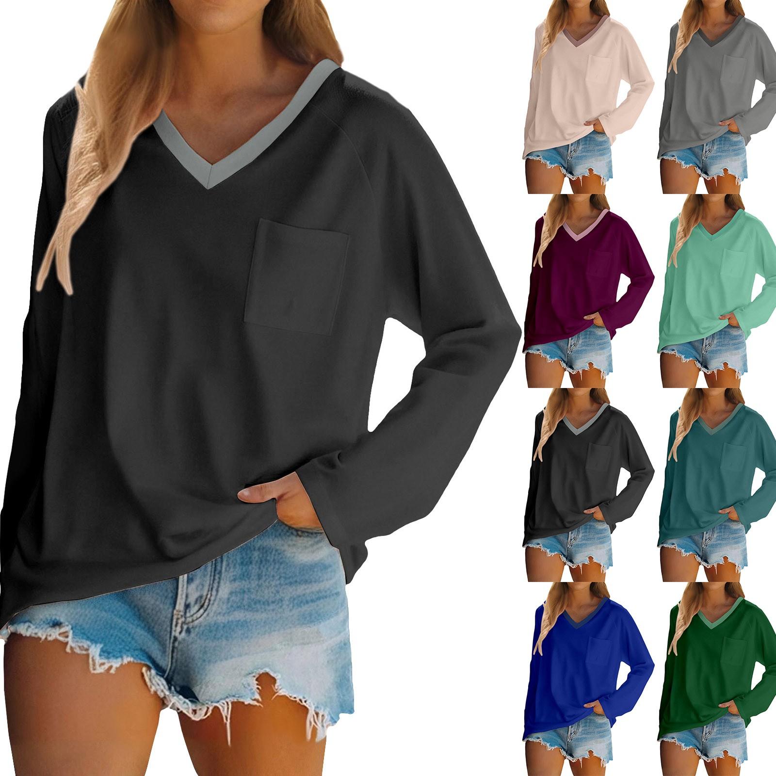 

Women s Raglan Long Sleeve V-Neck T-Shirt Splicing Solid Color Casual Top Pullover V-Neck Pocket Bottoming Shirt S синій