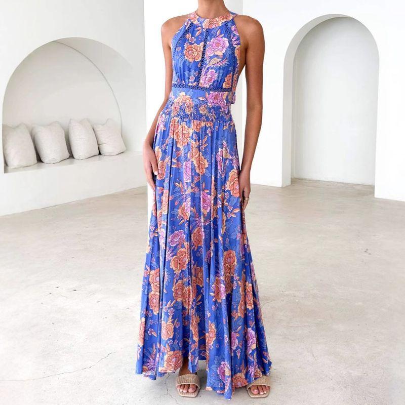 

New European and American Style Print Hanging Neck Beach Bohemian Style High Waist Backless Floral One piece Dress Women clothing Blue background orange blossom S