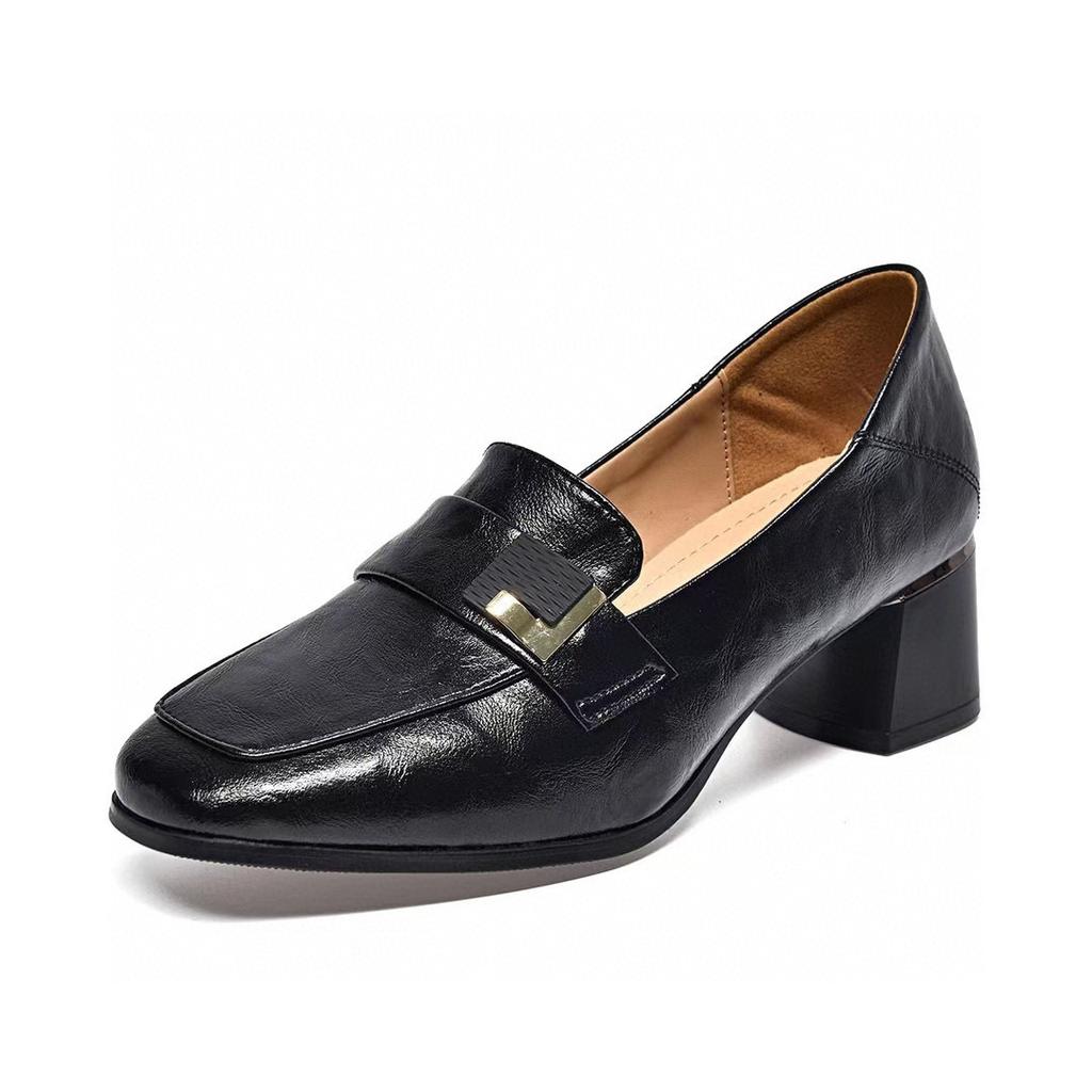 Square Head High Heels Women's Spring New Square Buckle Middle Heel Work Shoes One Pedal Thick Heel Women's Leather Shoes