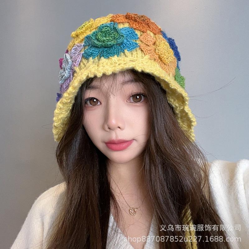 Hot-selling Handmade Crochet Wool Hat Abroad, Pure Cotton Three-dimensional Flower Hollow Women's Head Hat, Fashionable and Casual Pullover Hat