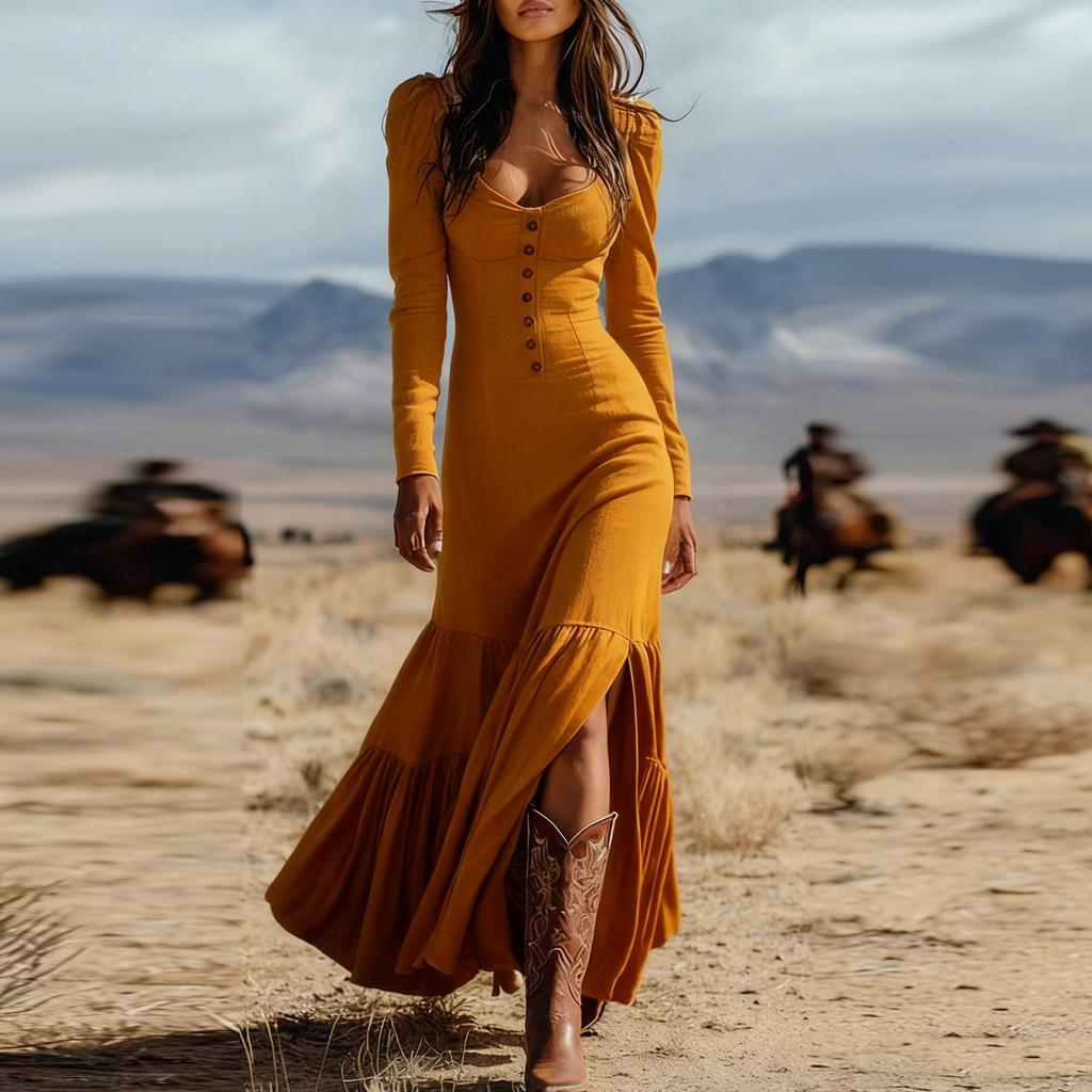 Women's Fashion Western Buttoned Gathered Long Sleeve Sexy Maxi Dress