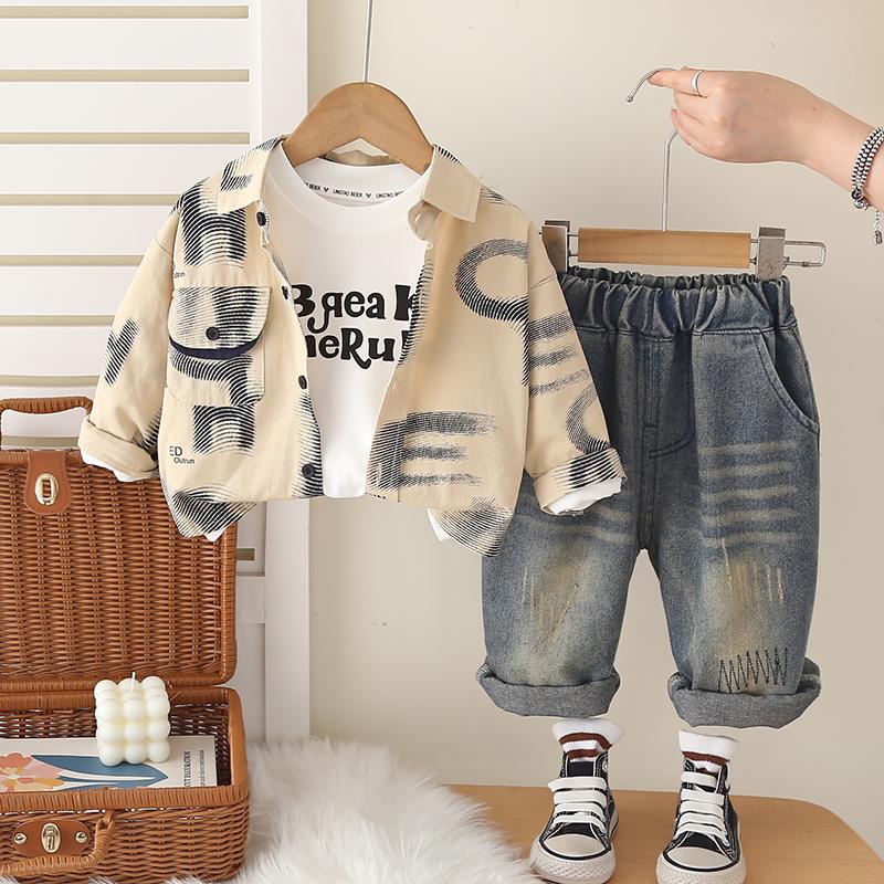 

Boys long sleeved 3-piece set, 0-5-year-old children s printed shirt+white T-shirt+casual pants set, high-quality clothing S
