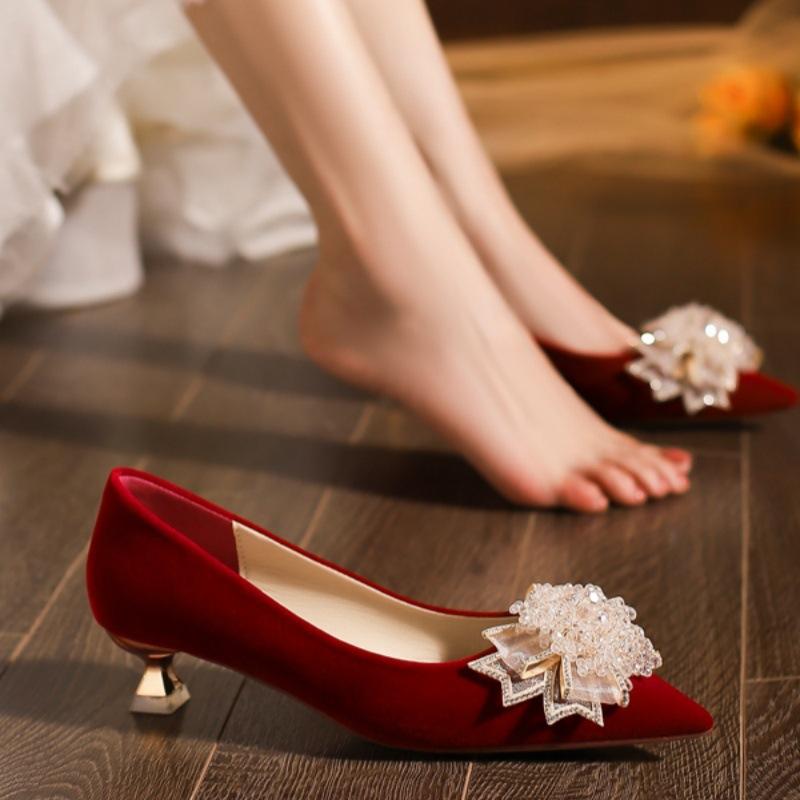 French rhinestone flower wedding shoes women's 2025 new fine flash wine glass and high heels wedding dress Xiuhe two wear crystal shoes