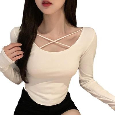 Skinny Y2K T-shirt Woman Solid Cross Sexy Low Cut Korean Fashion Tee Shirt Femme Autumn Winter Crop Top Women Clothes