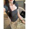 In Stock: Hot Girl Sexy Striped Wide Neck Ruched Cropped T-shirt, Summer 2026 New Arrival