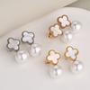 Fashionable, minimalist, retro Korean version Lucky Clover Pearl stainless steel earrings