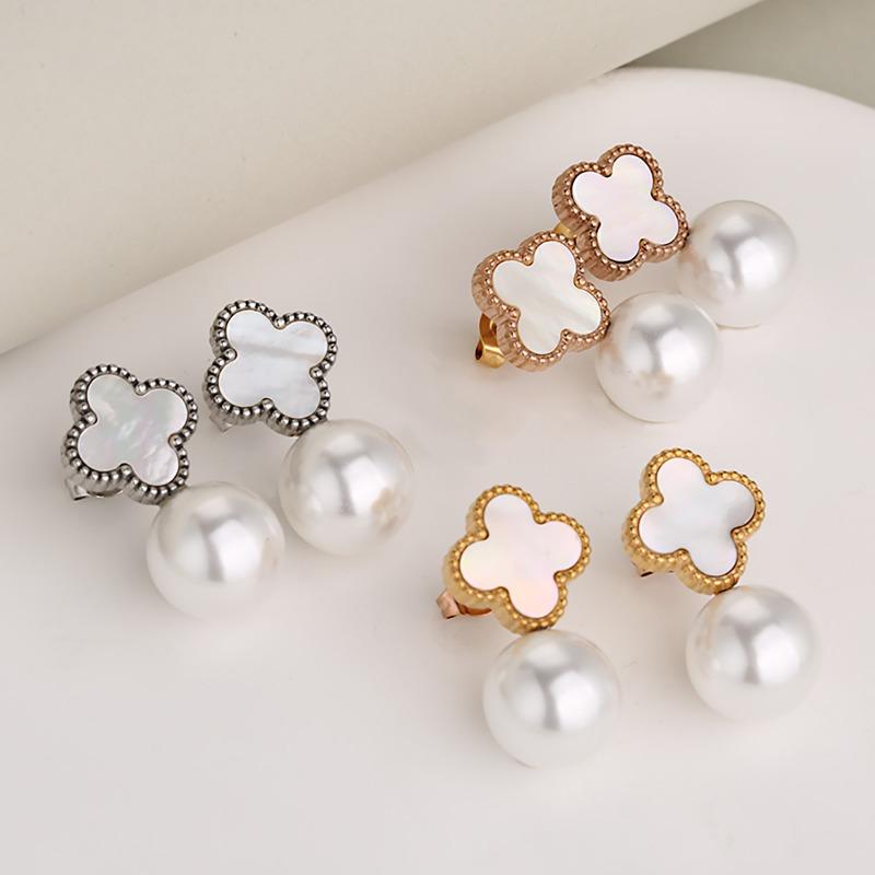 Fashionable, minimalist, retro Korean version Lucky Clover Pearl stainless steel earrings
