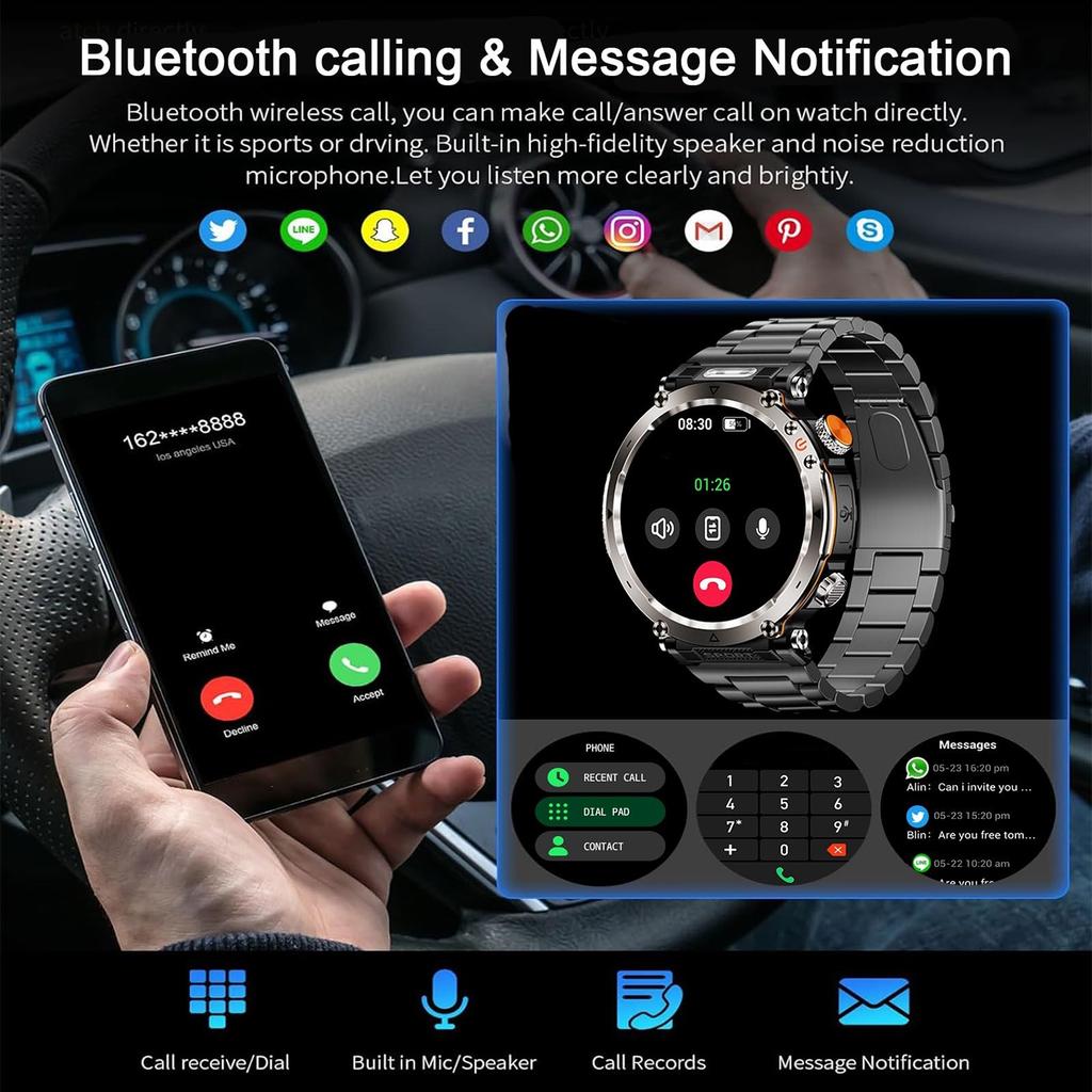 2025 Nowy Smartwatch Outdoorowy 5ATM Męski 600mAh Latarka LED Smartwatch Kompas Połączenie Bluetooth Tętno IP 68 Sportowy Smartwatch