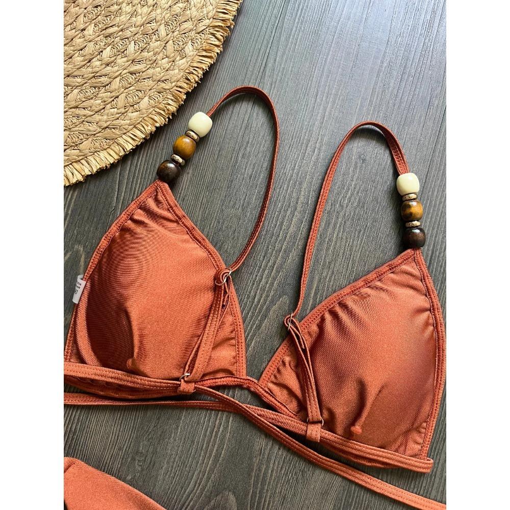 Sexy Brown Bikini Set 2026 Women Pearls Strap Hole Out Push Up Bra Thong Swimsuit Brazilian Beach Bathing Suit Micro Swimwear