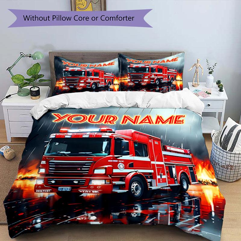 3PC Custom Name Fire Truck Action Bedding Set Duvet Cover Closure Includes 1 Duvet Cover & 2 Pillowcases for Bedroom
