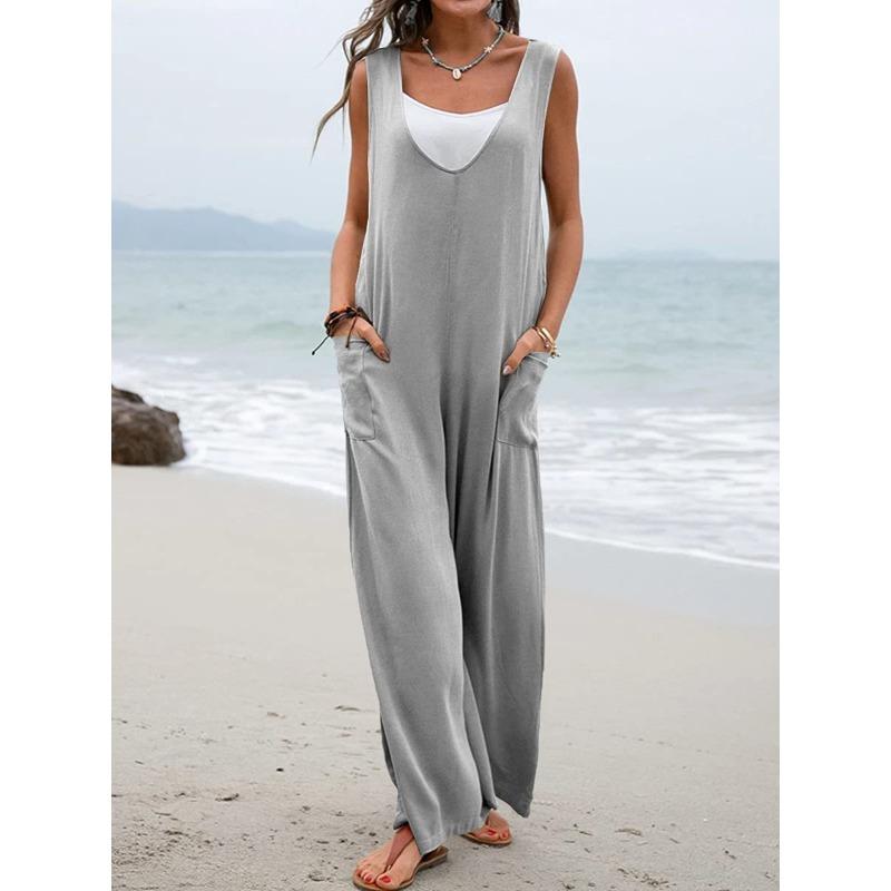 Women Dusty Pink V Neck Sleeveless Pocketed Wide Leg Overalls