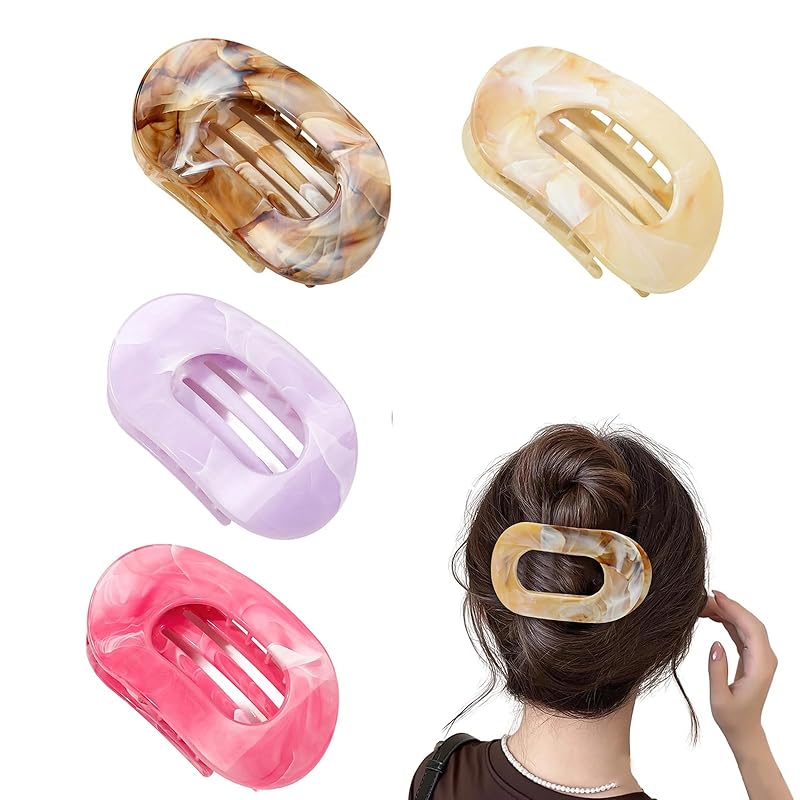4 Pcs Set Flat Hair Clips for Women - Round Flat Claw Clips Strong Hold Lay Down Claw Clamps Hair Barrettes Alligator Clip- Simple Elegant Duckbill 1 Count (Pack of 1)