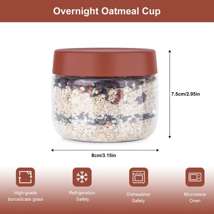 2Pcs Overnight Oats Containers with Lids, 280ml Clear Glass Cookie Jar for Kitchen Counter Leakproof Breakfast Storage Oats Jars for Oatmeal Food
