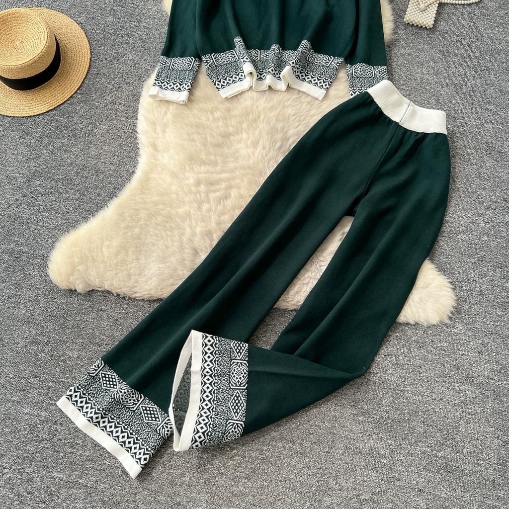 Autumn Winter Women Vintage Jacquard Knitted Sweater Trouser Two Piece Set Full Sleeve Pullover Tops and Wide Leg Pant Tracksuit