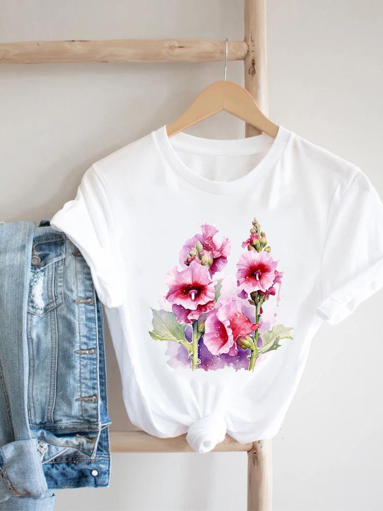 Women's Short-sleeved T-shirt, Fashionable Flower Print Bottoming Shirt