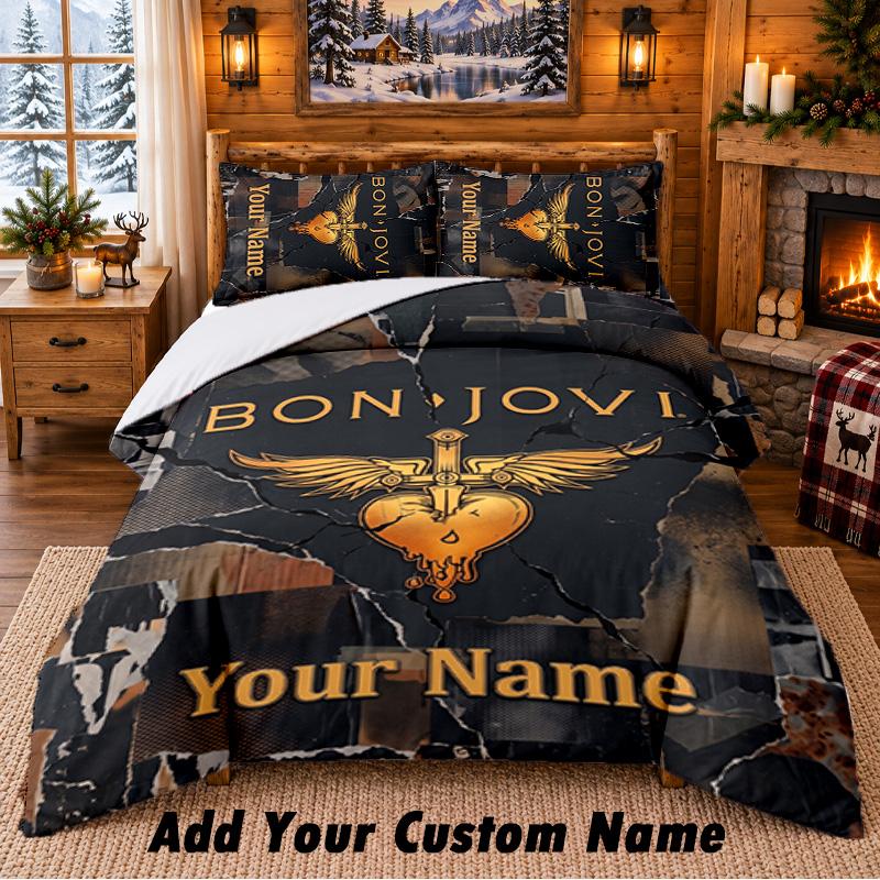 Bon Jovi Pattern Bedding 3Pcs Set Custom Name, Bed Sheet And Pillowcases For Home Bedroom