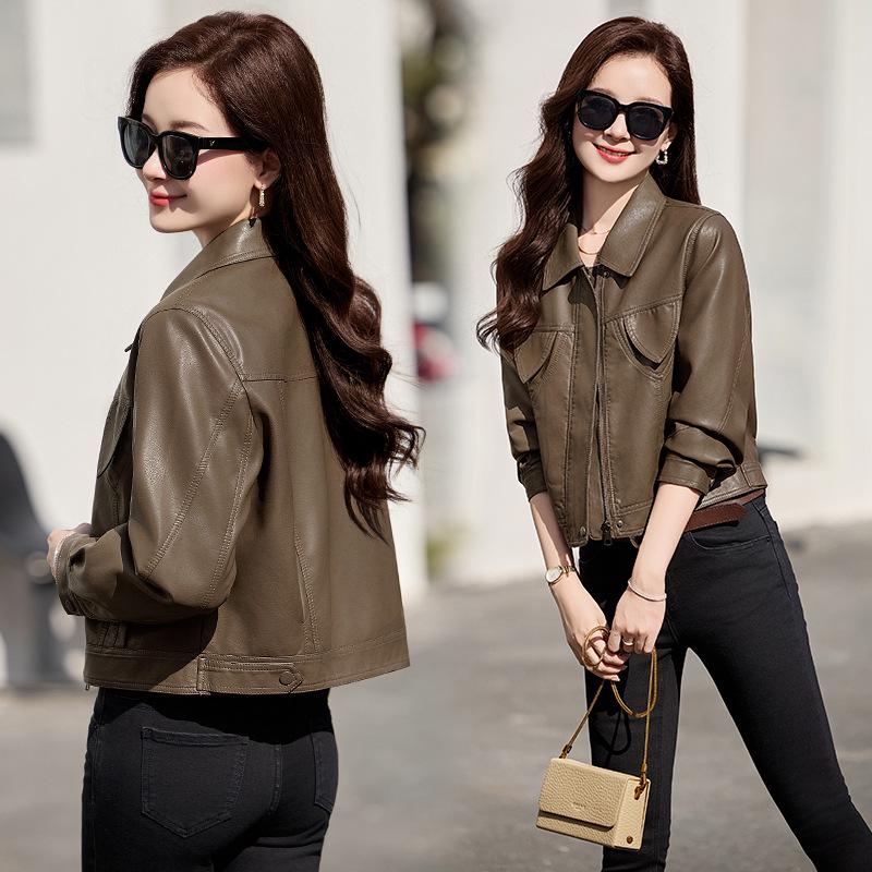 

Женская куртка из искусственной кожи - Весна 2025 Короткое пальто с отложным воротником XXL: 125-135 jin