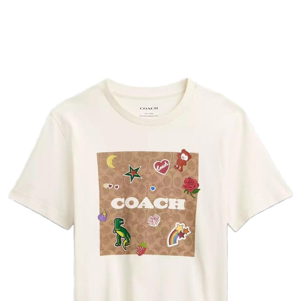 Coach Logo Letter Print Round Neck Short Sleeve T-Shirt Women Tops Cream CX172-CRM