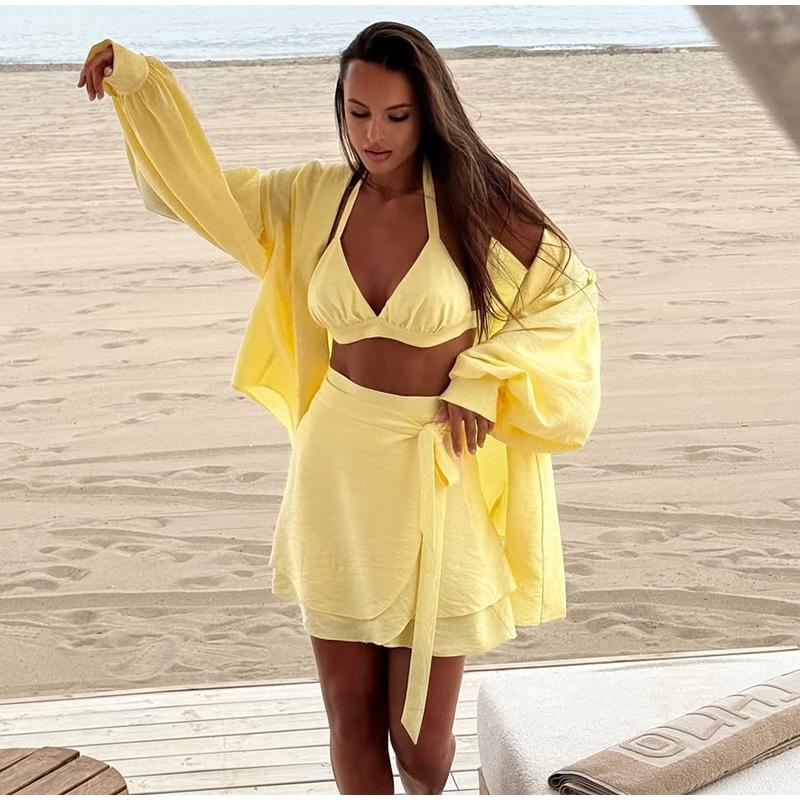 Ladies' Lantern Sleeve Loose Shirt Half Skirt Set Yellow Casual Set Spring Summer New Outfit Ladies' Plus Size Set Daily Commuting Style
