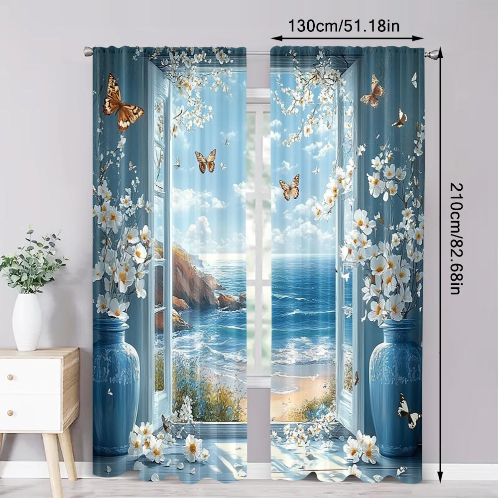 2pc,  Curtain Seaside landscape and white flowers Butterflies Fabric,Without Electricity Versatile for Holiday Family Party