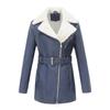 New Winter Fleece Leather Coat Women Turn-down Collar Faux Leather Jackets with Belt Mid Length Female Outwear