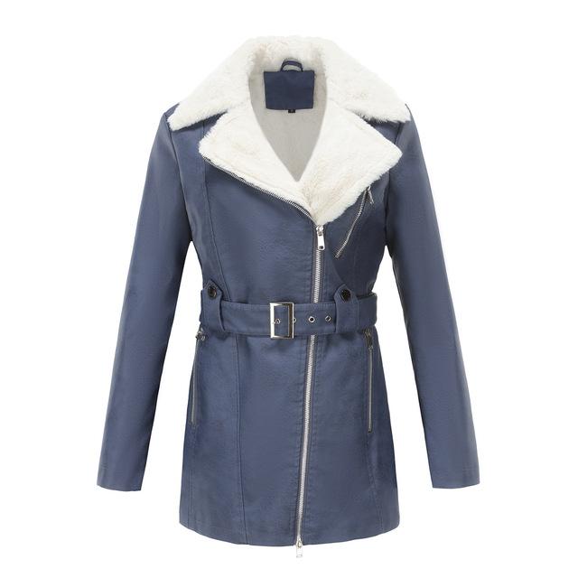 New Winter Fleece Leather Coat Women Turn-down Collar Faux Leather Jackets with Belt Mid Length Female Outwear