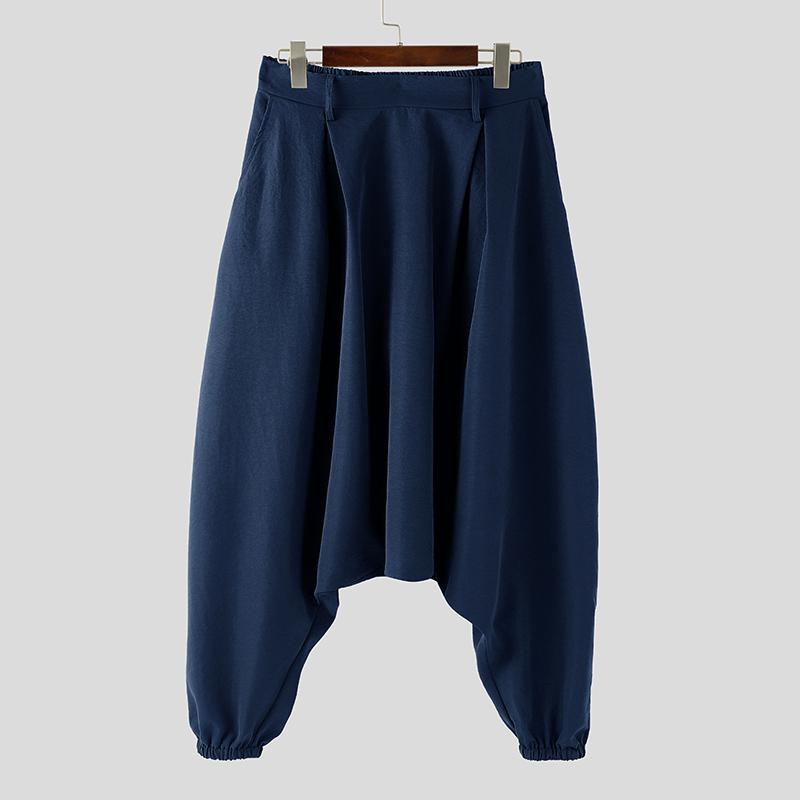 INCERUN Men Elastic Waist Casual Long Drop-crotch Pants Side Rivet Trousers