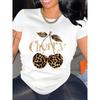 European Size Women's Leopard Print Cherry Graphic T-Shirt with Glitter "Cherry" Lettering - Comfortable Round NeckMachine Washable,