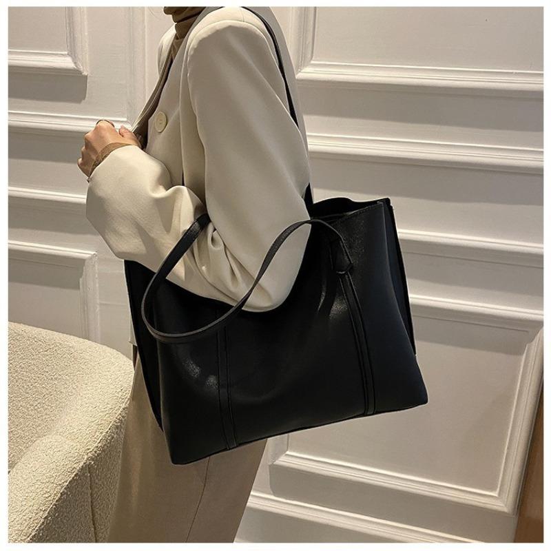 Simple Solid Color Large Capacity Tote Bag Casual Soft Leather Shoulder Bag for Women
