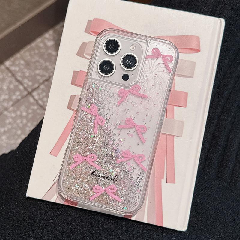Glitzernde transparente Anti-Fall-Hülle mit rosa Schleifenmuster für iPhone 16 Pro Max 15 Plus 14 Pro 13 12 11 Weiche stoßfeste Silikon-Handyhülle