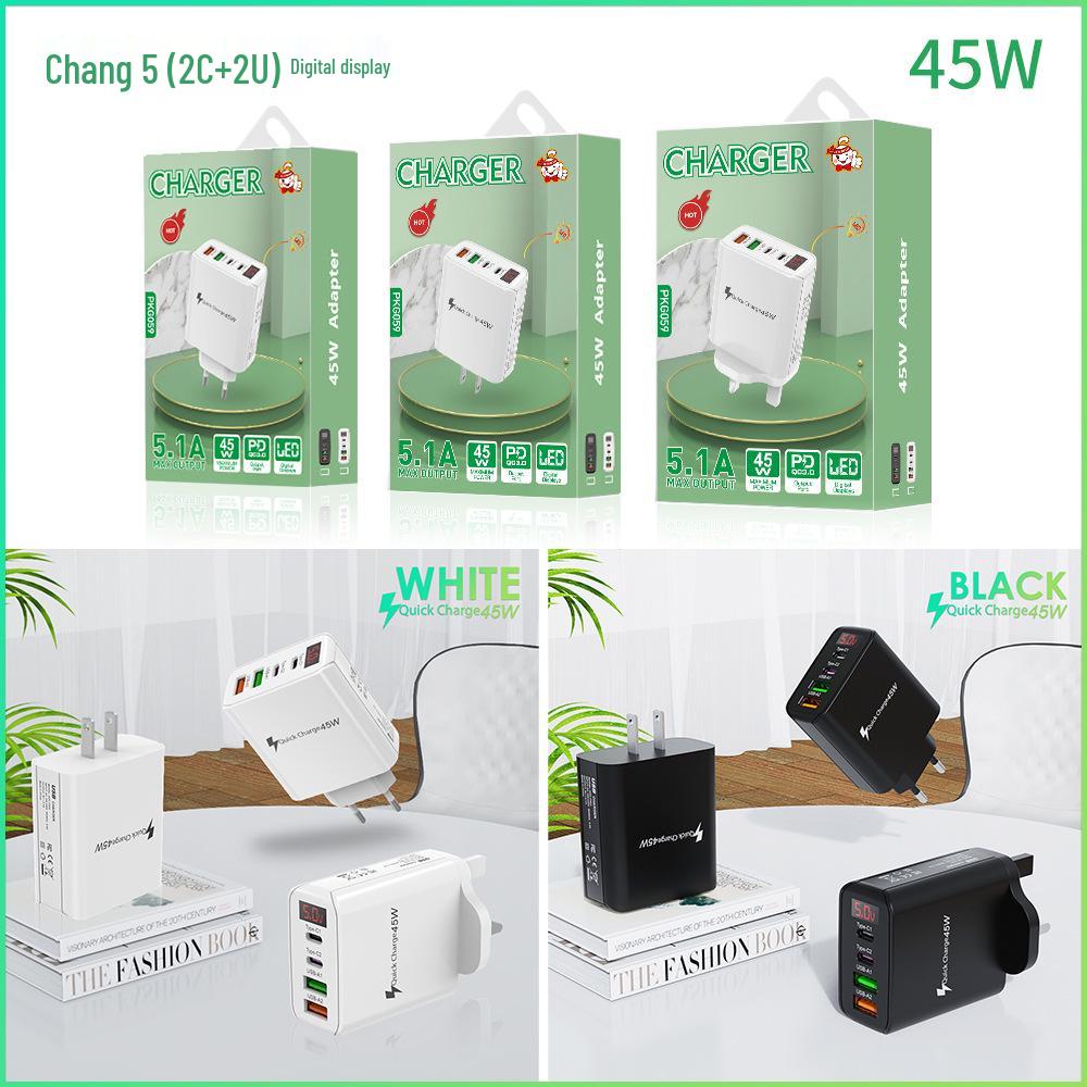 45W Multi-Port Phone Charger with Digital Display, 2A+2C, 3.1A, EU/UK Plug