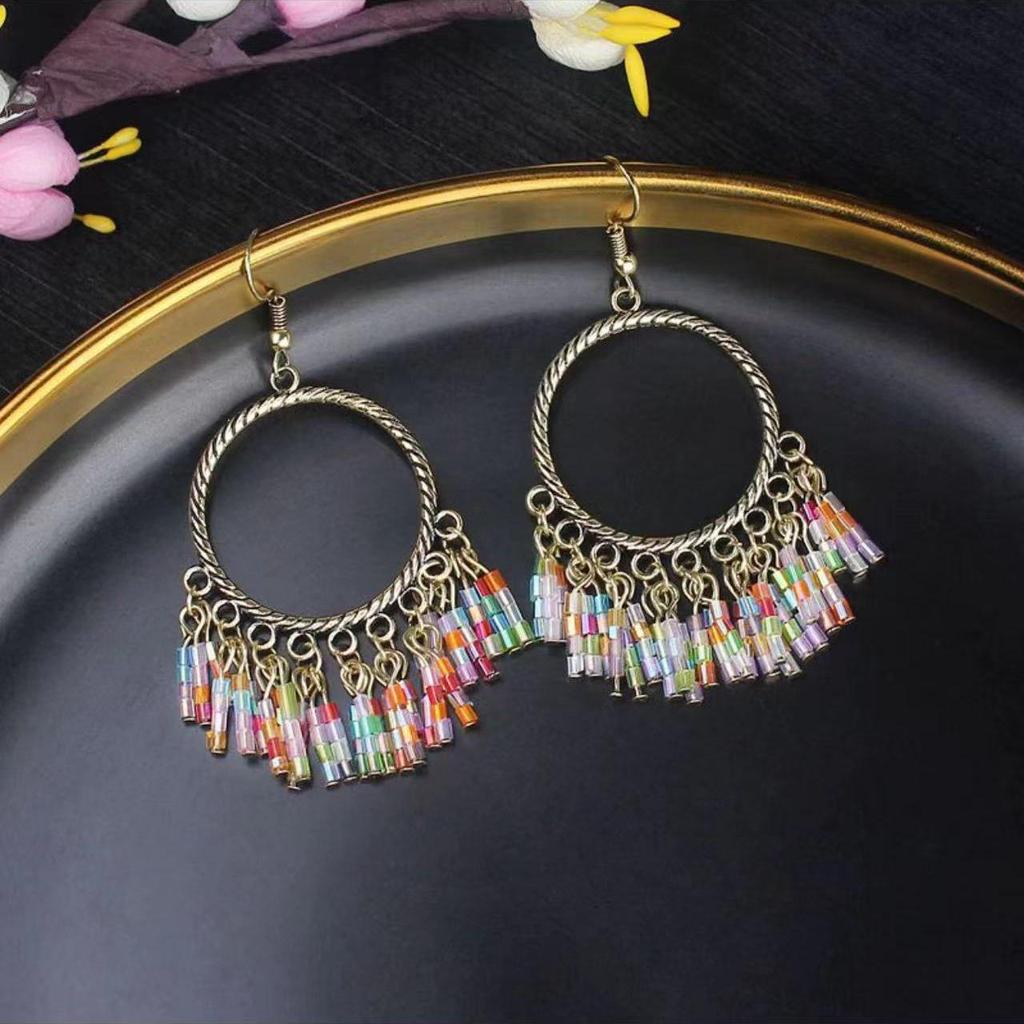 Bohemian Turquoise Owl Dream Catcher Tassel Earrings for Women
