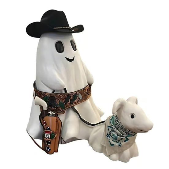 

Статуя ковбоя-призрака на Хэллоуин, милая фигурка призрака, выгуливающего собаку, настольные смоляные поделки, украшения для крыльца, для внутреннего и наружного декора белый