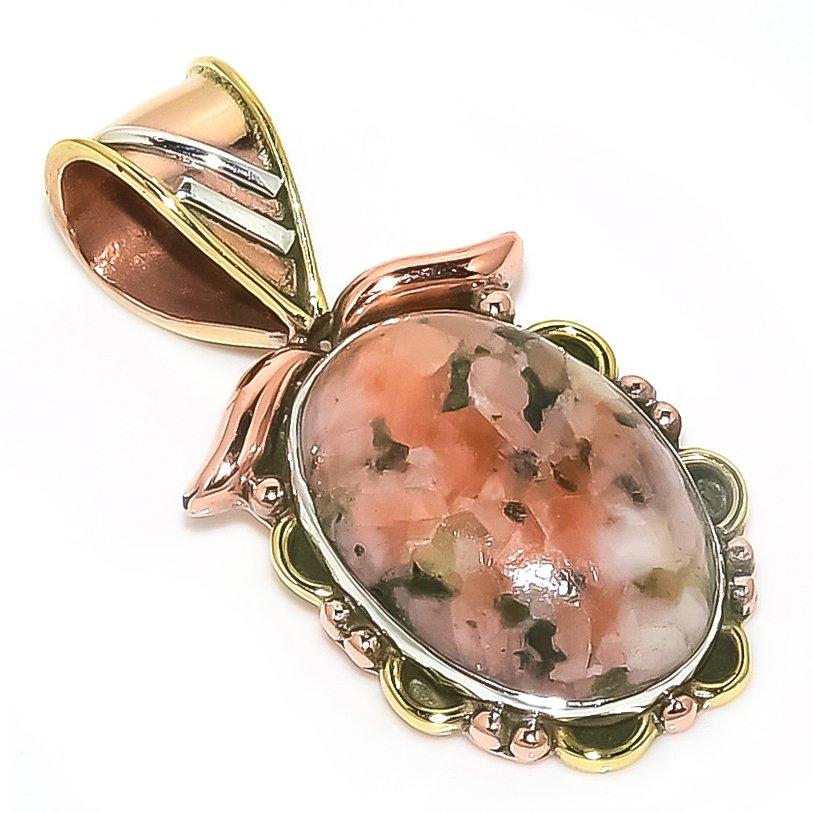 

Natural Rhodonite Gemstone Two Tone 925 Solid Sterling Silver Pendant 1.25 y8O06