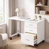 Folding Office Desk with 3 Drawers, 4 Wheels with Brake, White