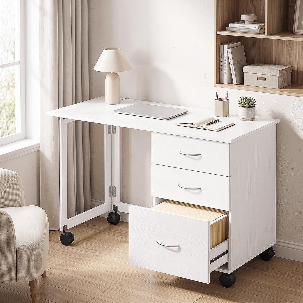 Folding Office Desk with 3 Drawers, 4 Wheels with Brake, White