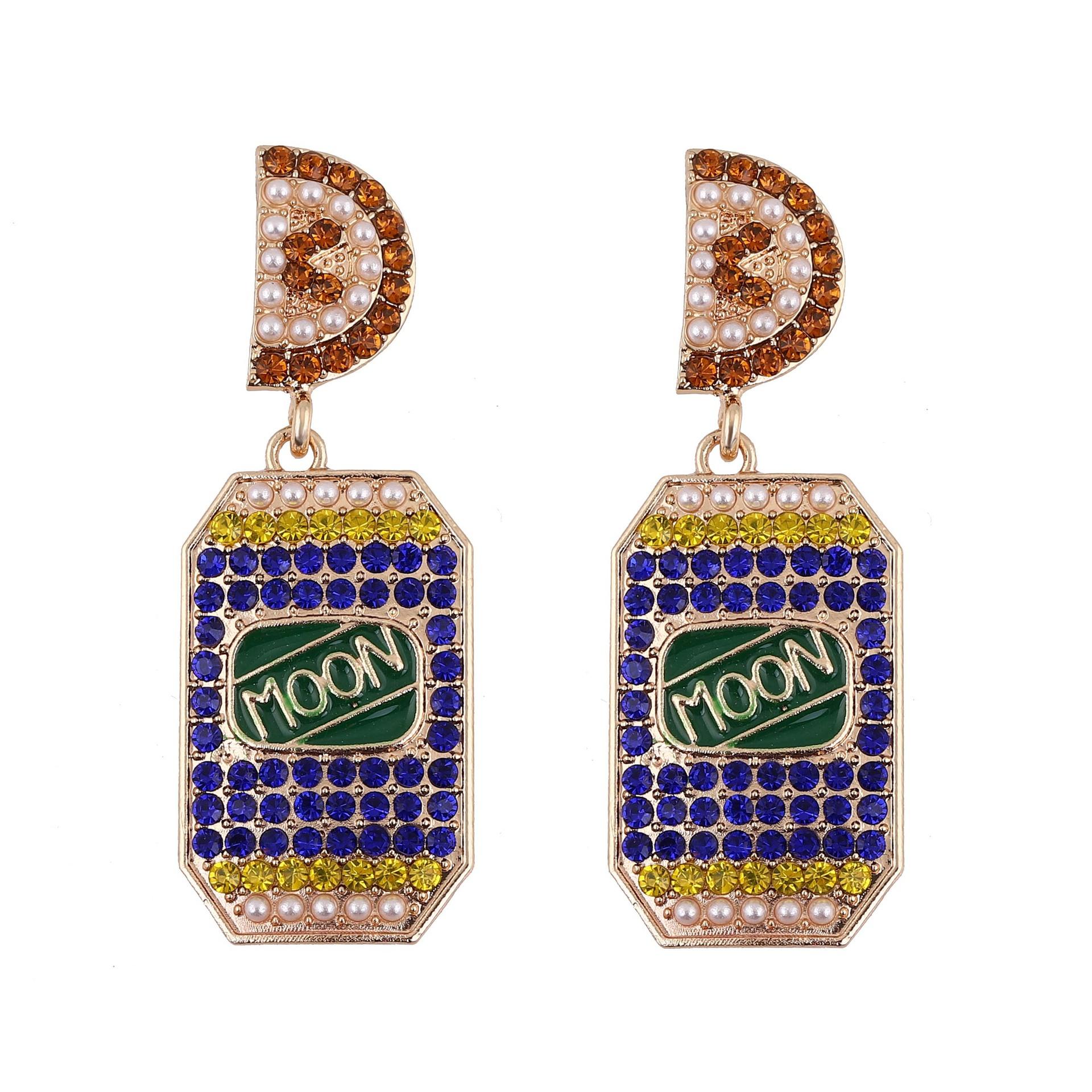 

European and American new light luxury fashion personality temperament alloy full diamond can earrings dripping oil letter creative earrings women синій