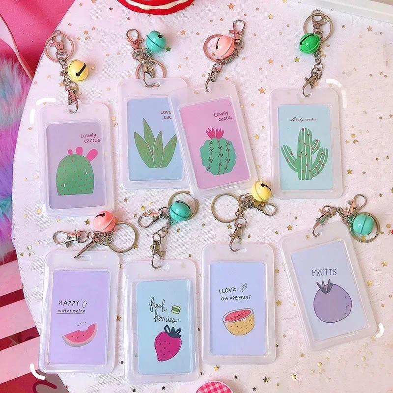 Cute Cartoon Card Cover Fashion Card Bag Bank Credit Card Holder Plastic Student ID Bus Card Pass Holder with Keyring Chain