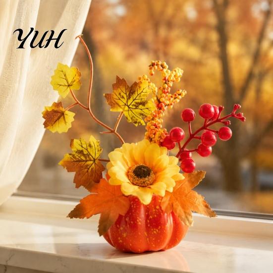 Reusable Festival Table Topper Fall Artificial Pumpkin Centerpiece, Autumn Fake Decoration with Sunflowers, Realistic Thanksgiving Props Maple Leaves