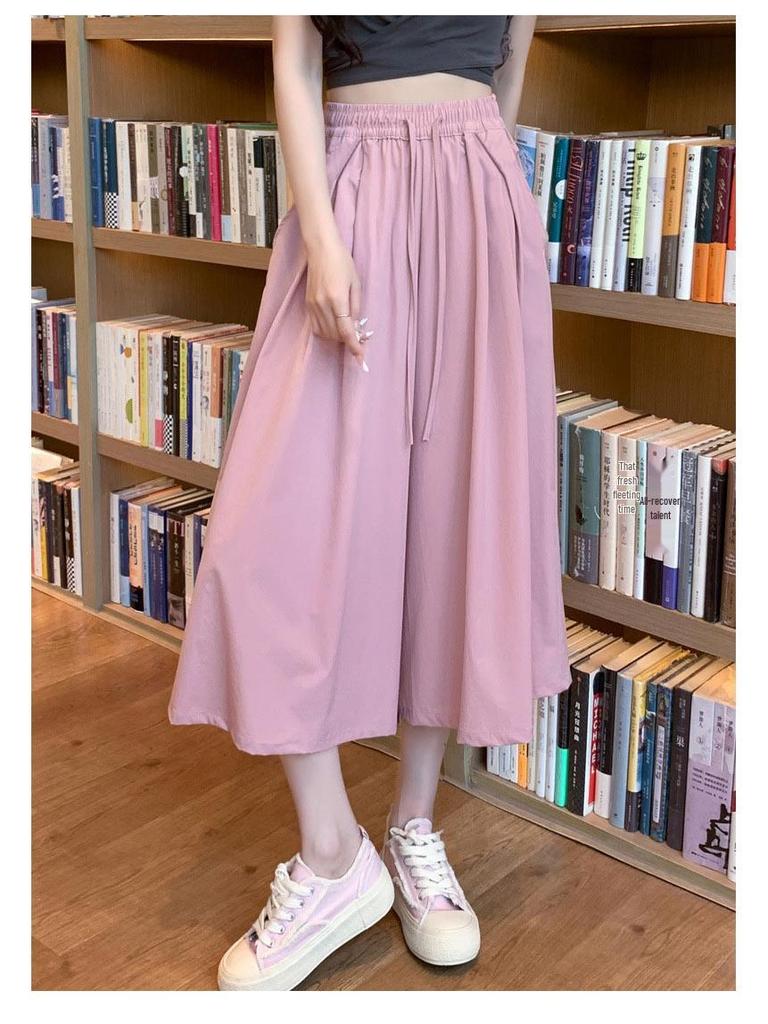 Women's Summer Ice Silk High-Waist Wide-Leg Pants: Lightweight, Casual, Japanese-Inspired, Textured Drape Skirt Pants