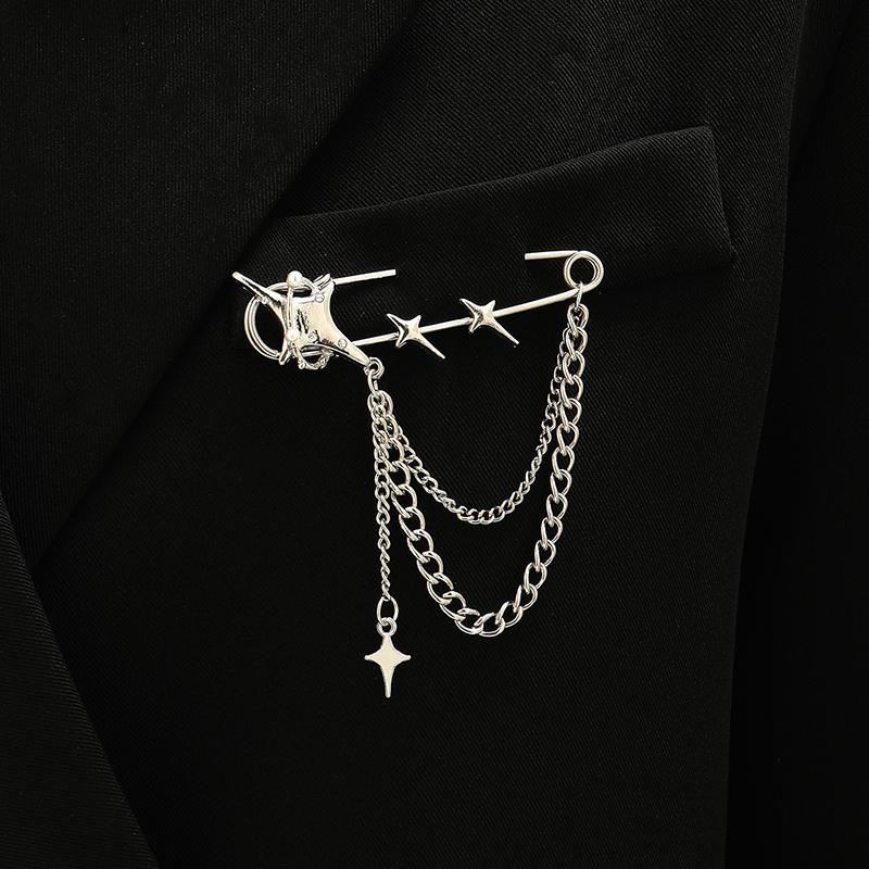 Hypoallergenic Punk Chain Tassel Safety Pin Brooches With Pearl Star Heart Charms For Blazer Suit Jacket Party Daily Wear
